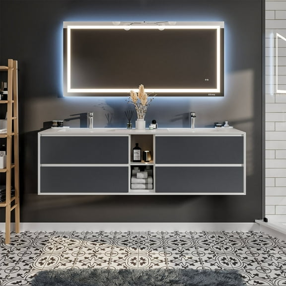 Eviva Vienna 75 inch Ash White Wall Mount Bathroom Vanity with White Integrated Acrylic Sinks