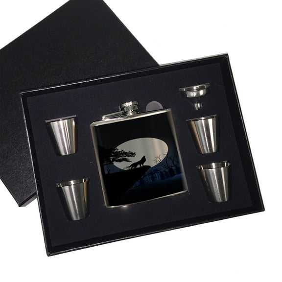 KuzmarK 6 oz. Stainless Steel Flask Set in Black Presentation Box -  Wolf Full Moon Mountain