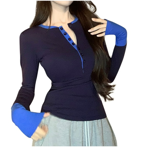 cfhntfmh Women's Long Sleeve Tee Shirts Button Slim Fitted Basic Henley Tops Fall Ribbed Knit Shirts Women Fall Clothes(Navy,Small)