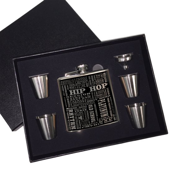 KuzmarK 6 oz. Stainless Steel Flask Set in Black Presentation Box -  Hip Hop