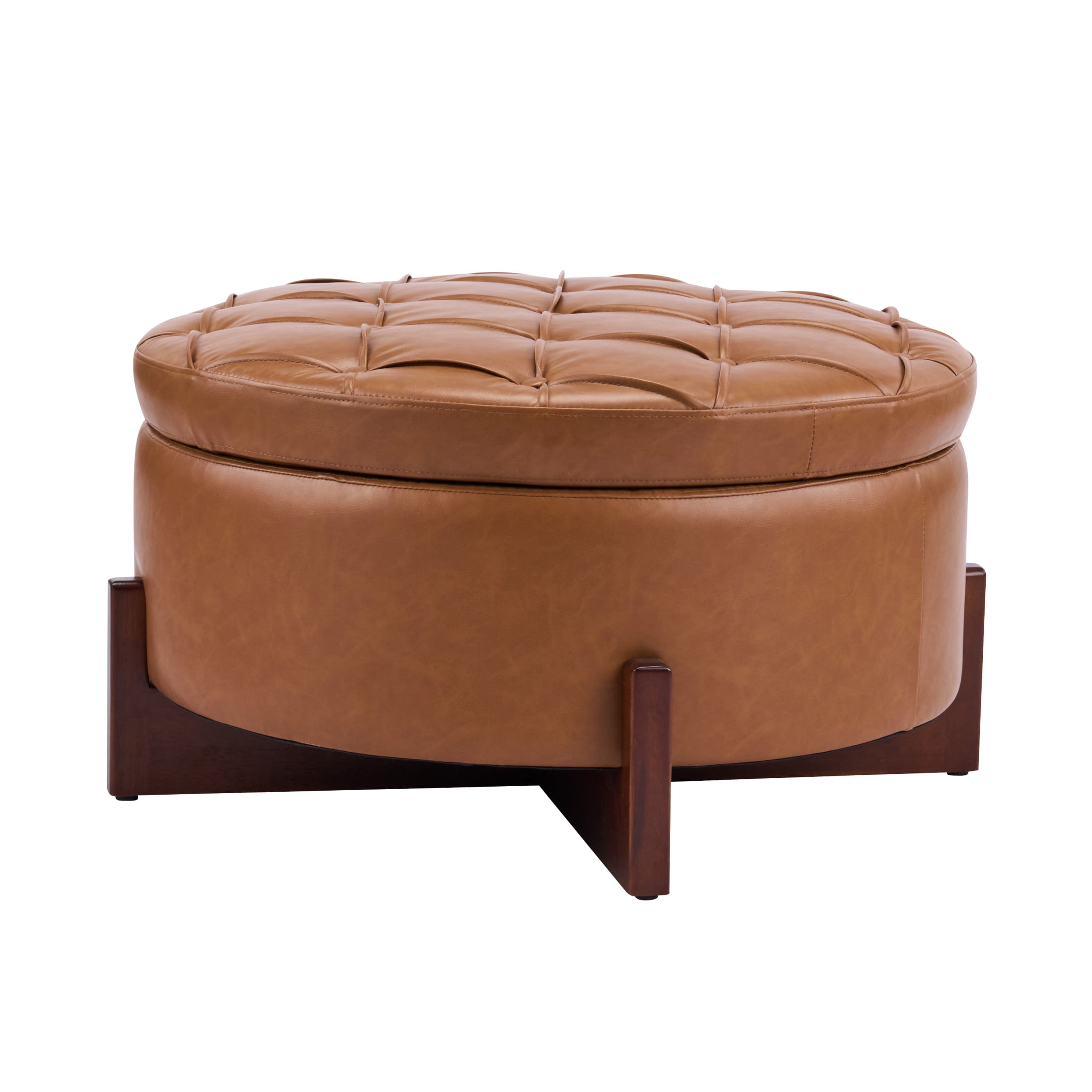 Christopher Knight Home Round Storage Ottoman with Reversible Lid, Tufted Leather Coffee Table, Brown