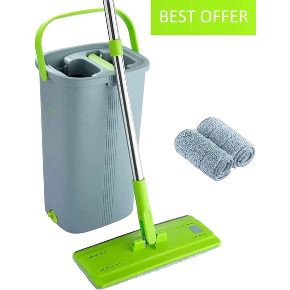Easy Gleam Mop and Bucket Set. Microfiber Flat Mop with Stainless Steel Handle, Innovative Twin Chamber Bucket for Wet & Dry use. 3 Reusable Pads Supplied, Suitable for All Floor Types