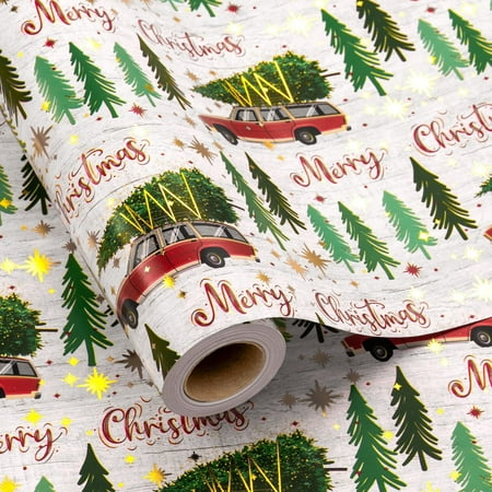 HOMERAL Christmas Wrapping Paper Roll - 17 Inch X 33Feet - White with Christmas Tree  Car with Foil Metallic Shine