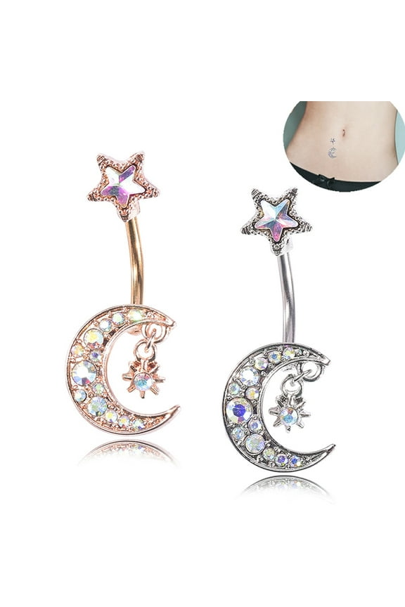 Fashion Women Moon Star Colorful Rhinestone Navel Ring Body Piercing Jewelry