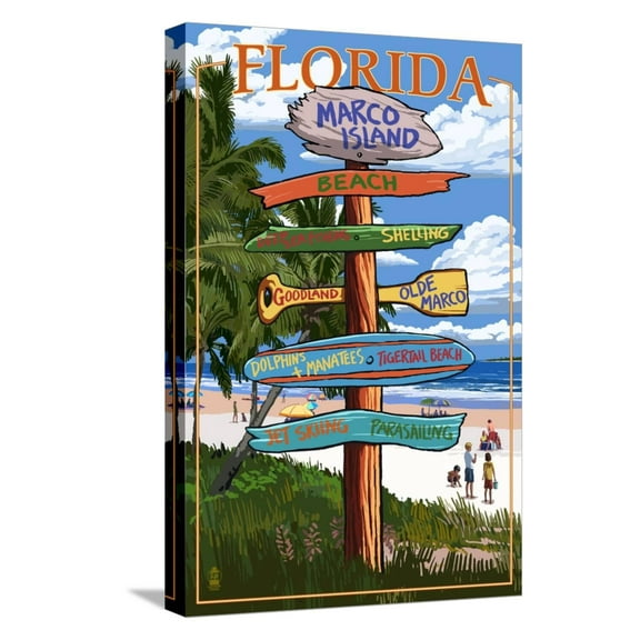 Art.com Marco Island, Florida - Destinations Signpost Stretched Canvas Print Wall Art by Lantern Press, 12" x 18"
