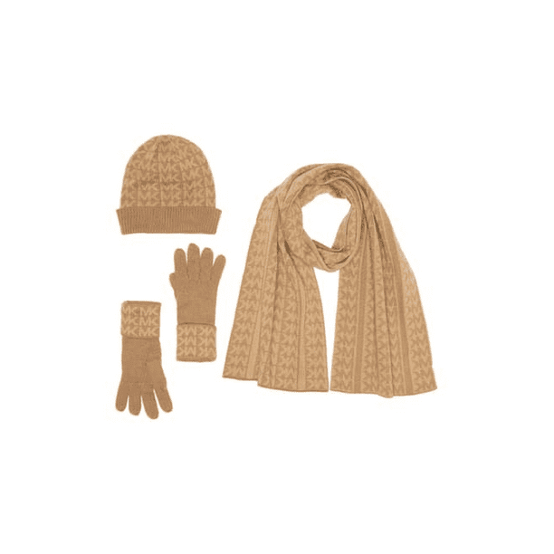 Michael Kors MK Sparkle Hat, Scarf & Glove Set, Camel/Gold One Size Gift  Box 