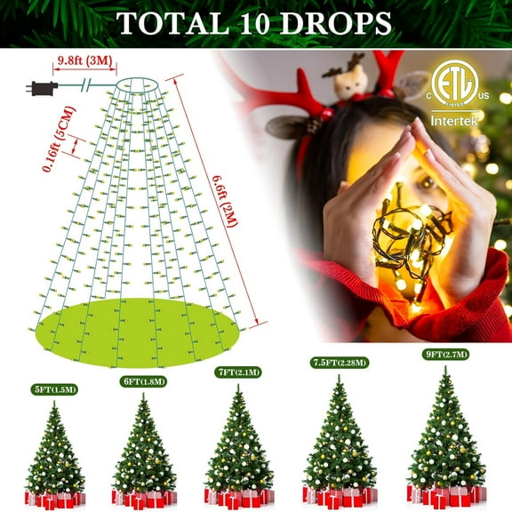 YUYAN-Christmas Tree Lights with Ring 400LEDs Cascading Twinkle Lights for Christmas Tree 6.6FT 8 Modes with Timer Waterfall Christmas Lights for Indoor Outdoor Yard Party Xmas Decoration