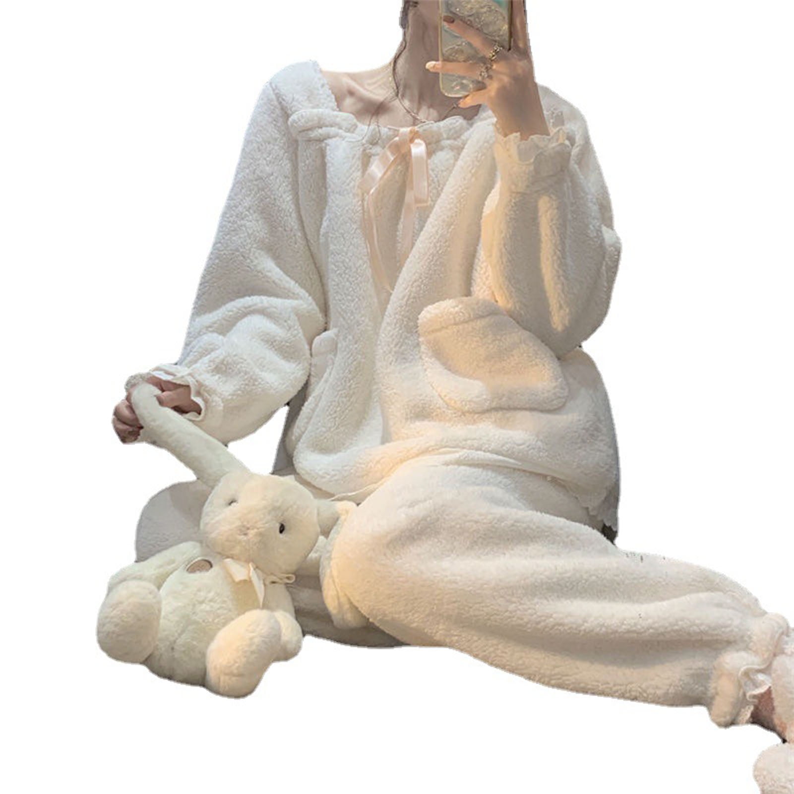 Fleece Womens Pajamas Set Super Soft Long Sleeve Lace Trim Bowknot Fuzzy Winter Pajamas
