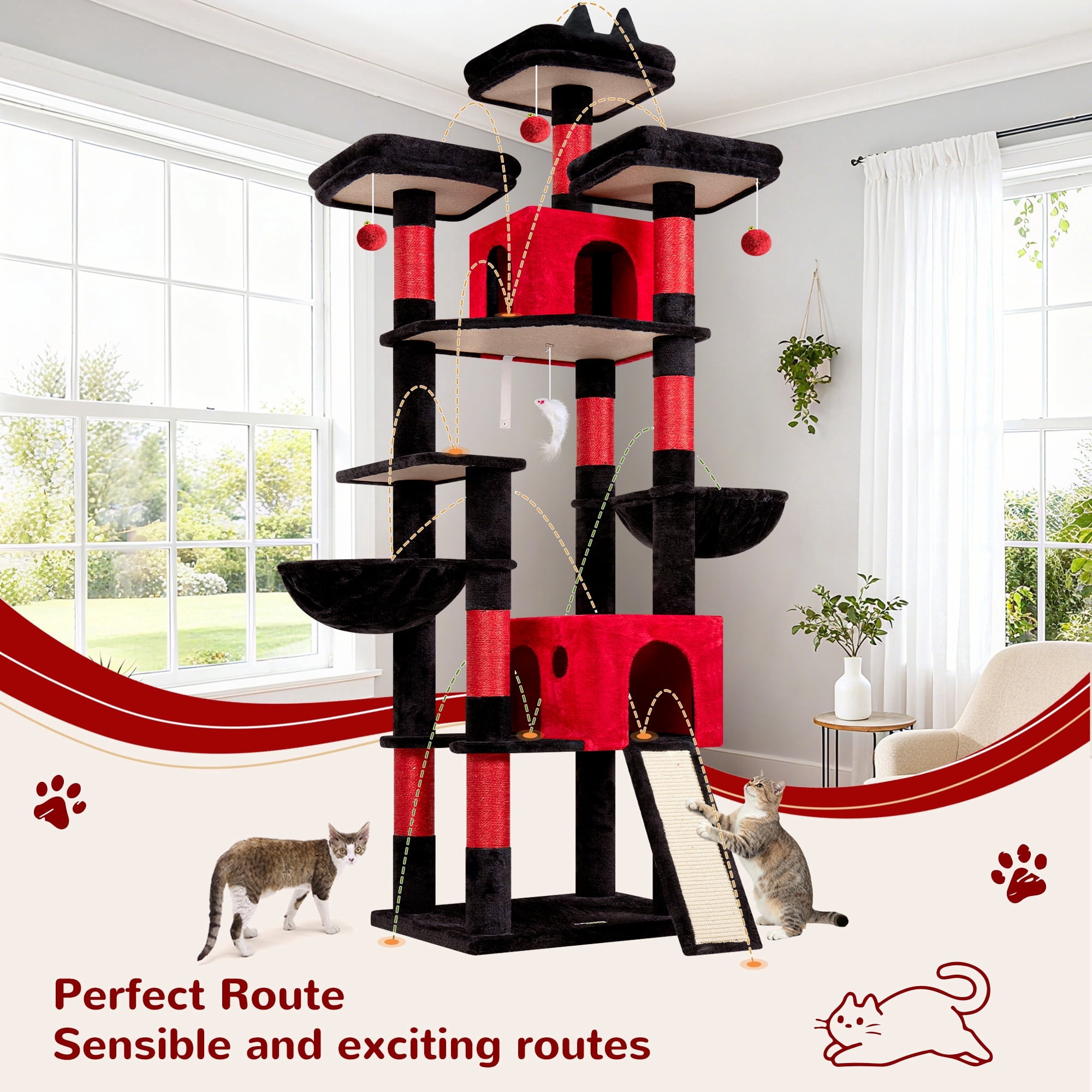 Globlazer 83 inch XXL Giant Cat Tree, Heavy Duty Tall Cat Tower for Large Indoor Adult Cats, Multi-Level Large Cat Condo with 8 Scratching Posts, 2 Cat Caves & 3 Platforms,Gothic