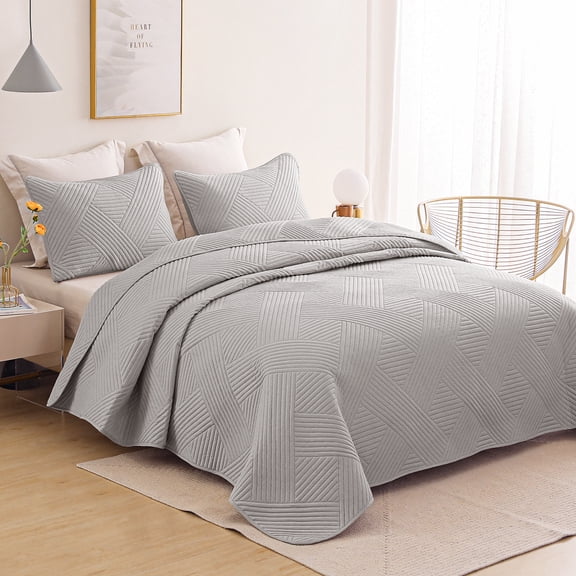 Whale Flotilla King Quilt Set, Soft Lightweight Quilts Bedspreads Coverlet with Embossed Pattern, Bedding Sets with Pillow Shams, Reversible Bed Cover for All Seasons, 96x104 Inches, Light Grey