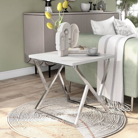 Cano Metal Square End Table, Chrome and White