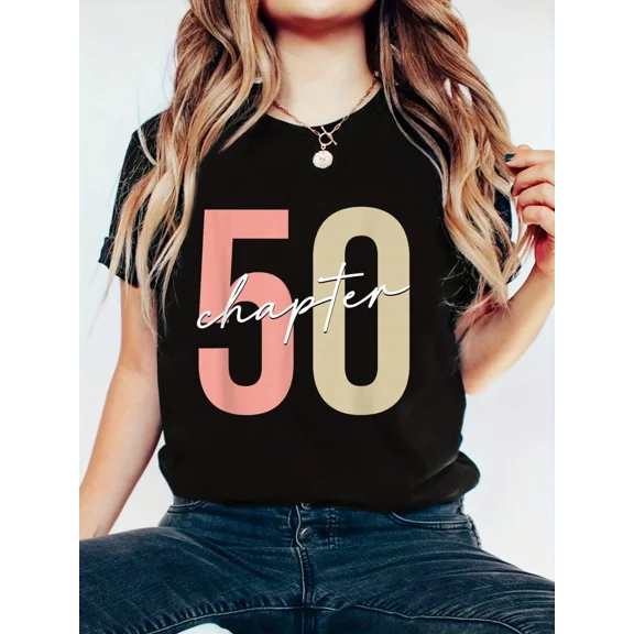 Retro Chapter 50 Birthday T-Shirt for Women, Fabulous Fifty Graphic Tee, Cute 50th Birthday Gift, Short Sleeve Casual Top
