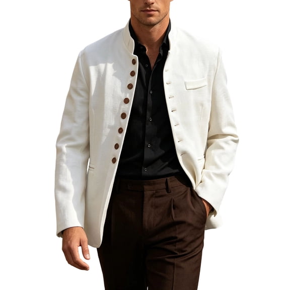 Fwqbns Men's Casual Blazer Jackets Long Sleeve Mandarin Collar Button Up Jacket Business Dress Sport Coats White