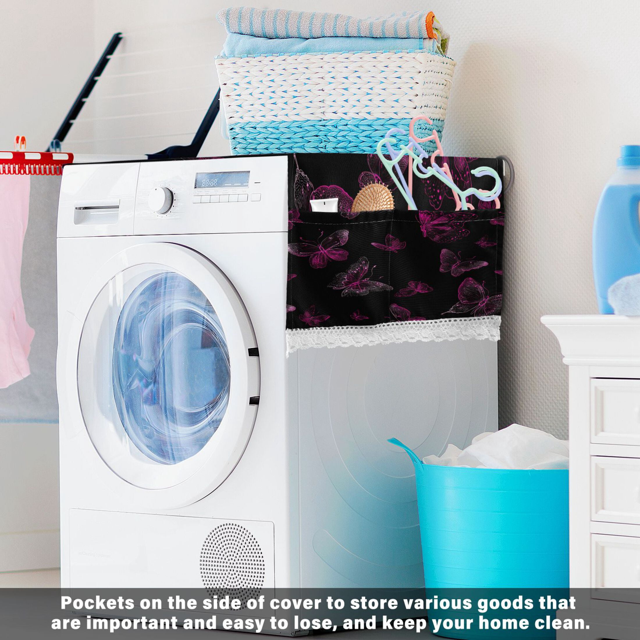 Wobogo Pink Transparent Butterfly Washing Machine Cover Dustproof Washer Dryer Cover Waterproof Laundry Room Decorative Protector