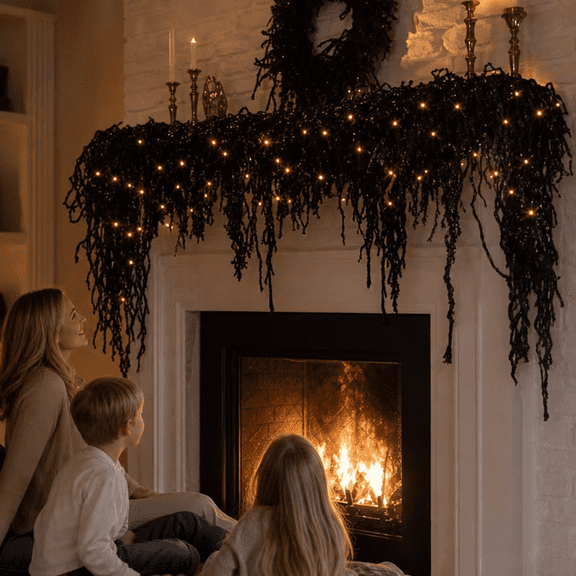 2026 NEW Halloween Fireplace Decor Set with LED Black Vine Lights, Spooky Haunted House Mantel Garland for Window Door Wall Halloween Party Backdrop