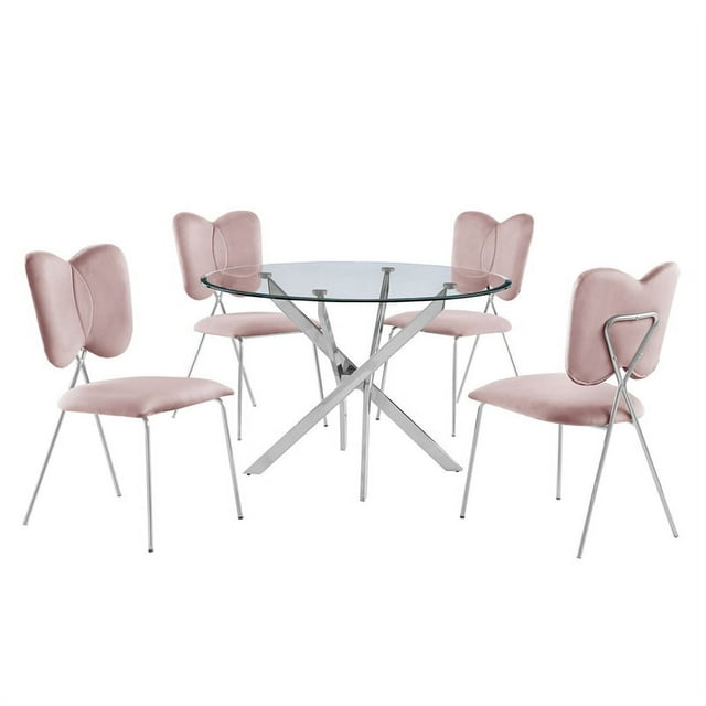 Rond 45 "x 45" 5pc Verre Clair Dînette Sertie de Chaises Roses