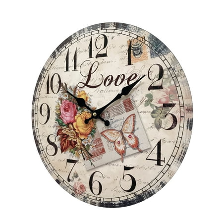 Clock with Love Roses, Postcard with Butterfly, Stamps, 13 Inch Diameter with MDF Board Kitchen Office Room Clock