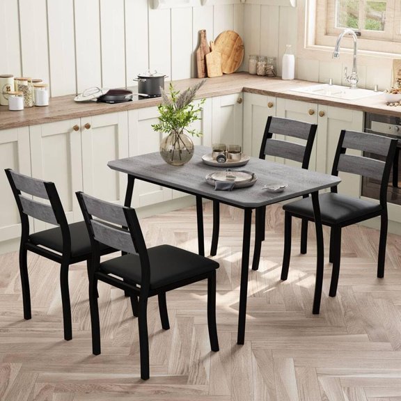 Dining Table Set for 4, 5-Piece Metal Frame Kitchen Table with Chamfer Design, Black and Grey