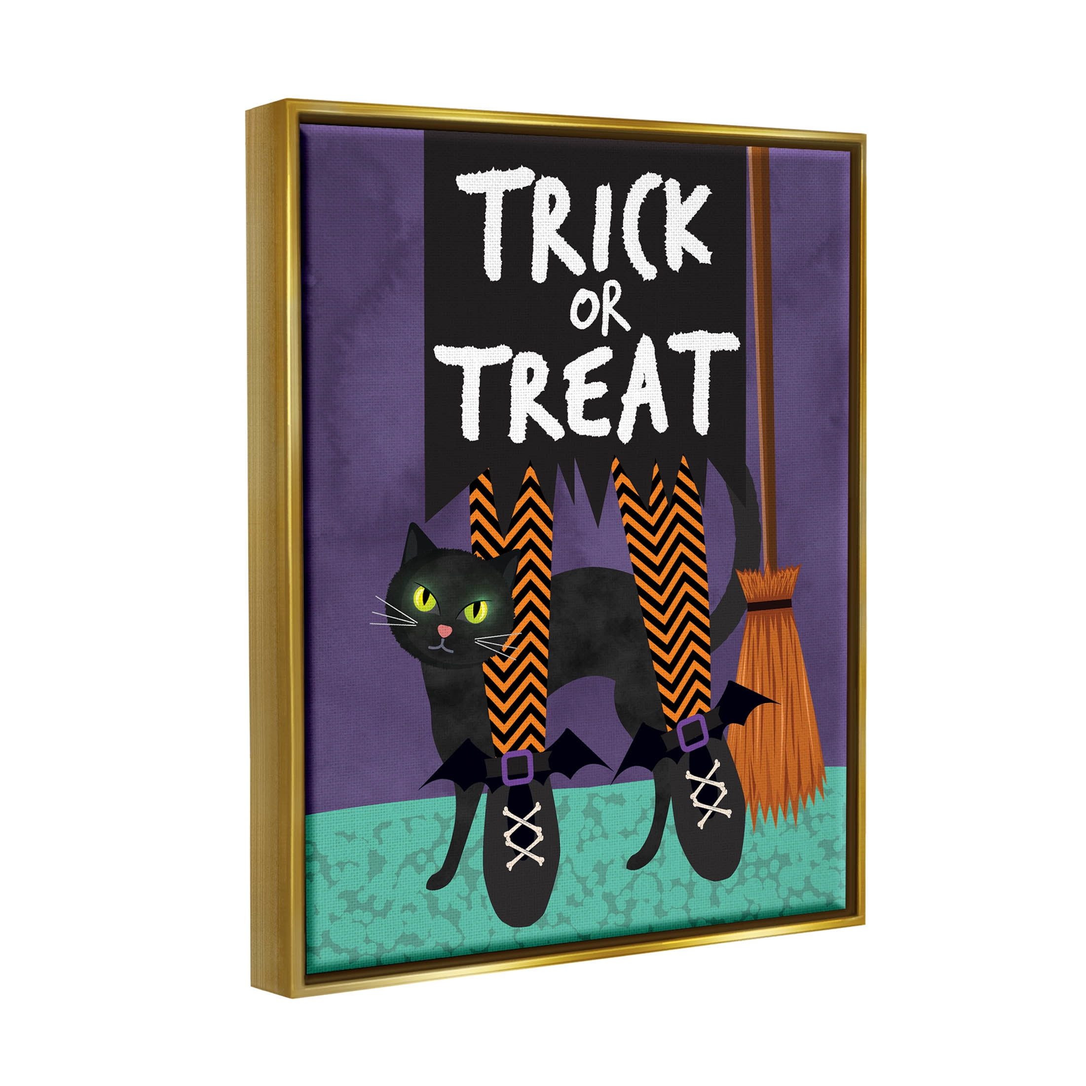 Stupell Industries Trick or Treat Cat & Witch Graphic Art Metallic Gold Floating Framed Canvas Print Wall Art, Design by Linda Birtel