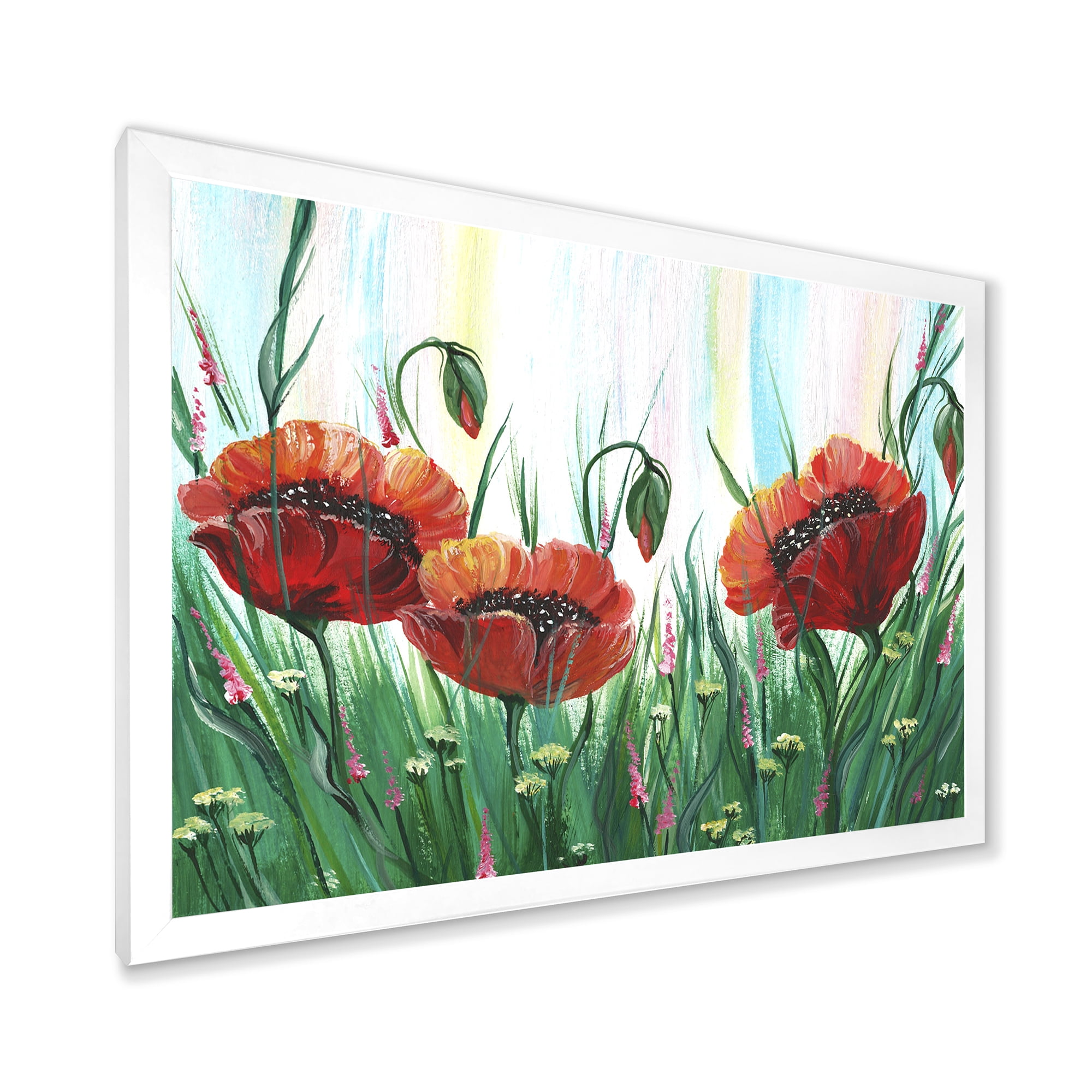 Designart 'Three Red Bright Poppy Flowers On A Green Meadow' Traditional Framed Art Print