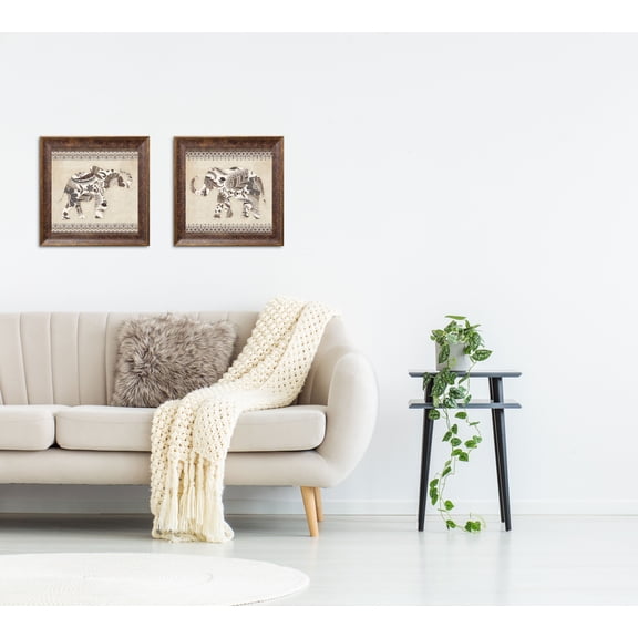 Gango Home Decor Chic Boho Elephant Wall Art; Two Beige 12x12in Art Prints in Gold Trim Brown Frames