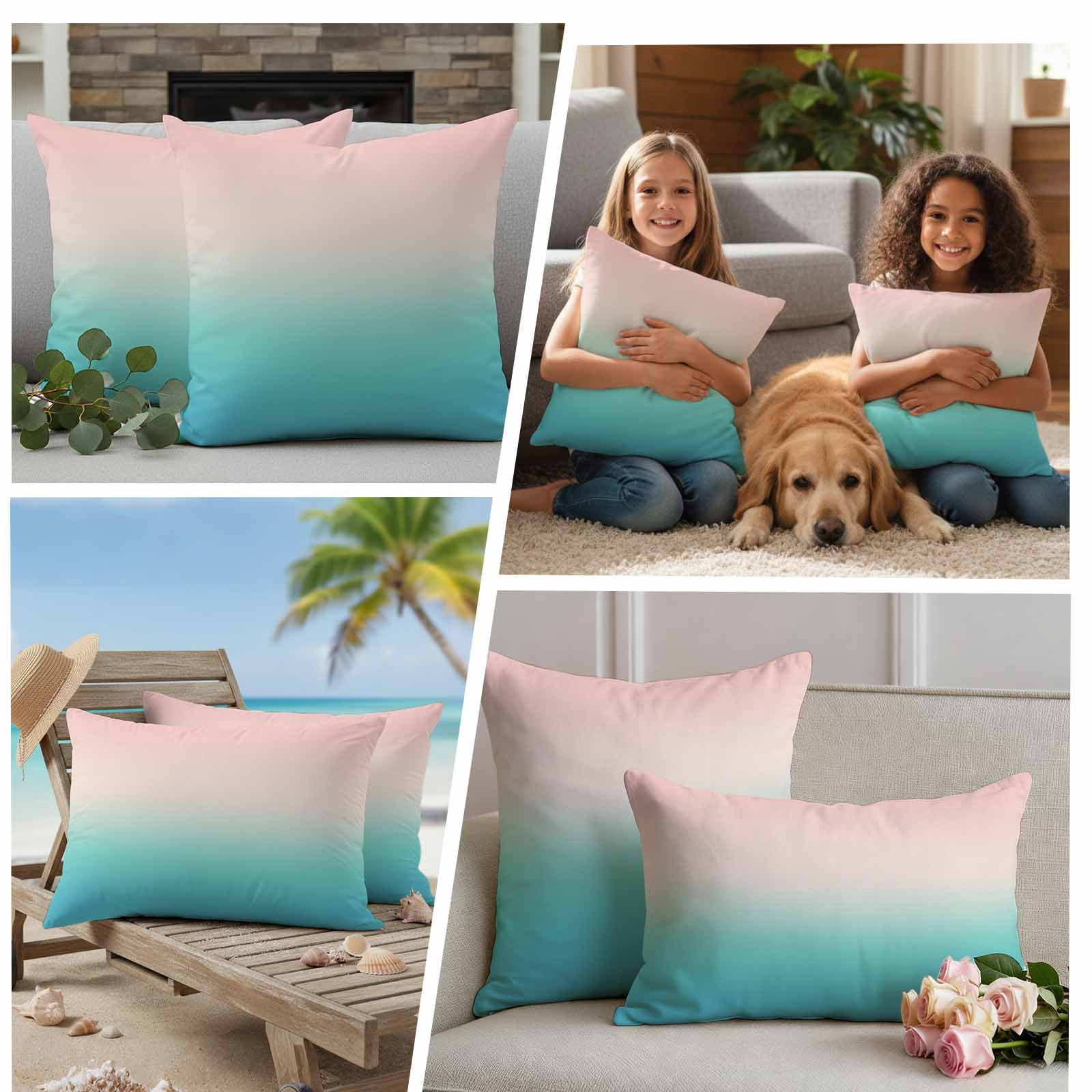 Pink Cyan Pillow Covers 2 Pack Gradient Abstract Ombre Art Pillowcase Waterproof Outdoor Throw Pillow Cover for Patio Garden Square Cushion 20”x20”
