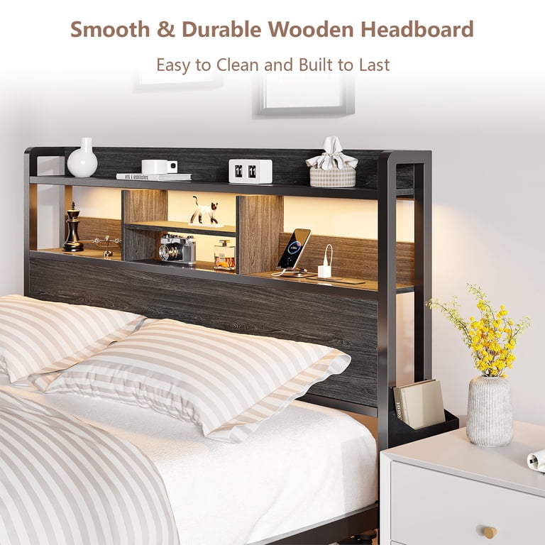Satifur Queen LED Platform Bed, Storage Headboard photo 6