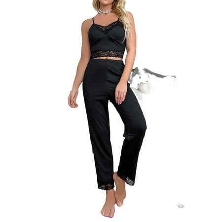 

Women s Pajama Sets Black Casual Plain Spaghetti Strap Pant Sets Sleeveless