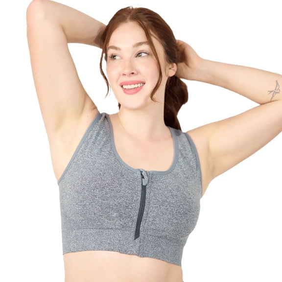 Coobie Women's Seamless Front Zipper Sports Bra 9005,Light Grey,Medium