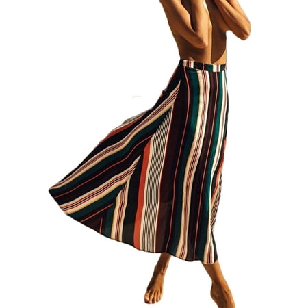 Long Ruffle Skirt - Women's Camo High Waist Split Pleated Flared Ruffle Striped Long Skirt