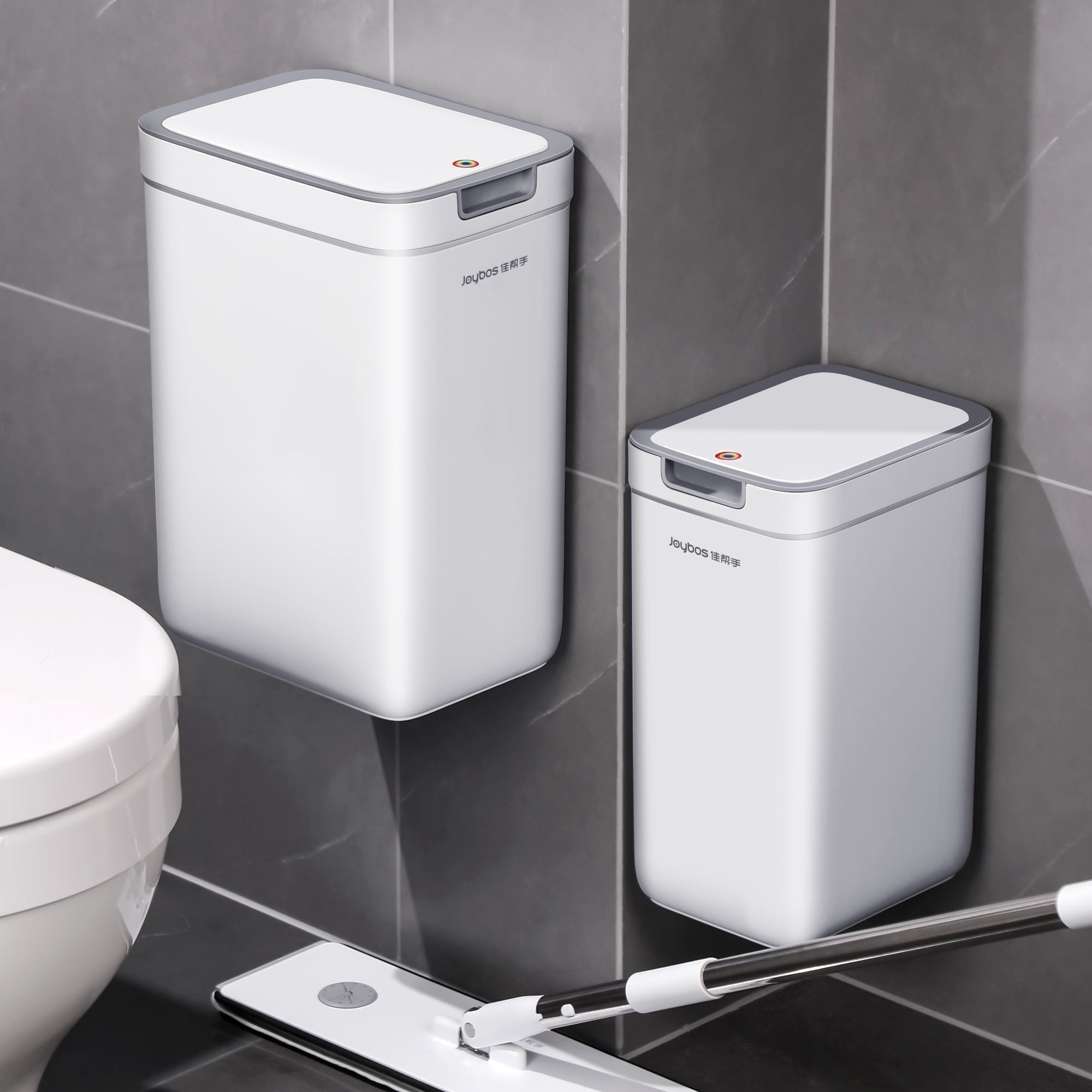 Joybos Bathroom Trash Can, 2 Pack (3.6 Gal and 2.4 Gal) Space Saver Wall-Hang Garage Can with Pop-up Lid for Household Use
