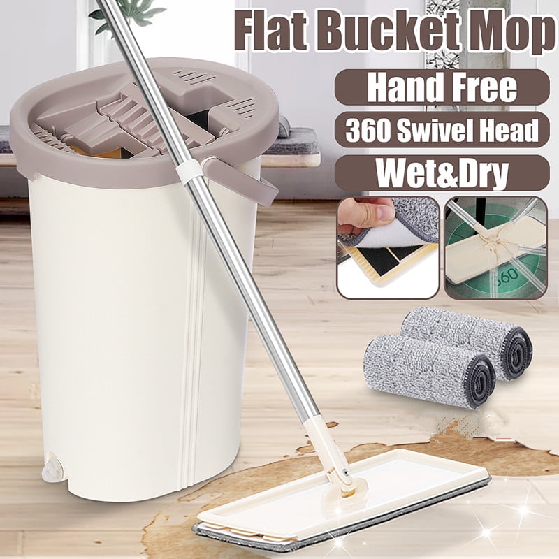 360° Flat Floor Mop And Bucket Set Microfiber Mop Heads Dry Wat Cleaner Cleaning