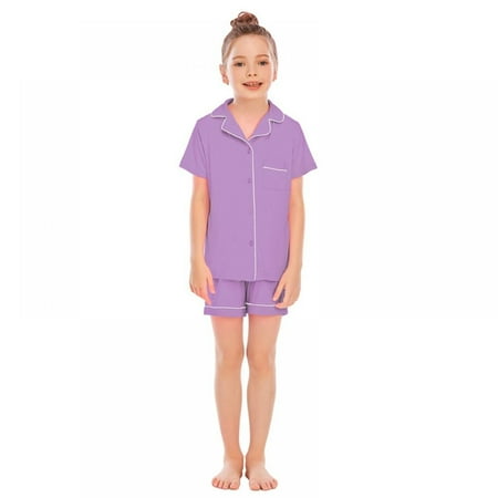 

Zyhtleerr Kids Girls Silk Pjs Pajama Outfit 2PCS Toddler Short Sleeve Solid Color Sleepwear Loungewear Set for 5-14 Years
