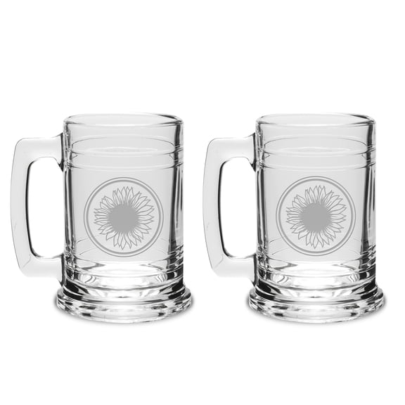 Sunflower Deep Etched Glass Tankard Mug Set of 2