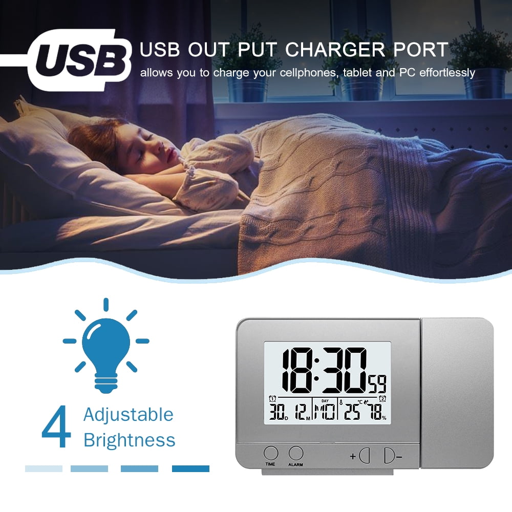 Projection Alarm Clock For Bedroom With Thermometer Hygrometer Digital Project Ceiling Clock Dimmable Led Display With Usb 180°Rotable With Dual Alarms 12/24H Snooze