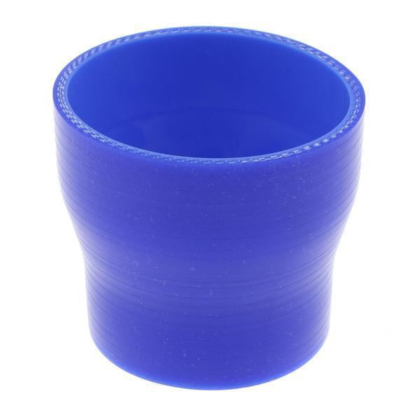 2x 2 "2.5" auto silicona acoplamiento reductor tubo intercooler zulema acoplador de silicona reductor Azul, vista frontal centrada de un acoplador reductor recto de silicona reforzado de 4 capas con diámetro interior 2.0–2.5 pulgadas y longitud 3.0 pulgadas; superficie lisa con estrías circulares externas y pared aproximada de 5 mm, interior hueco sobre fondo blanco. Adecuado para conexiones de presión en intercoolers y mangueras turbo; a menudo usado como repuesto básico de instalación sencilla.