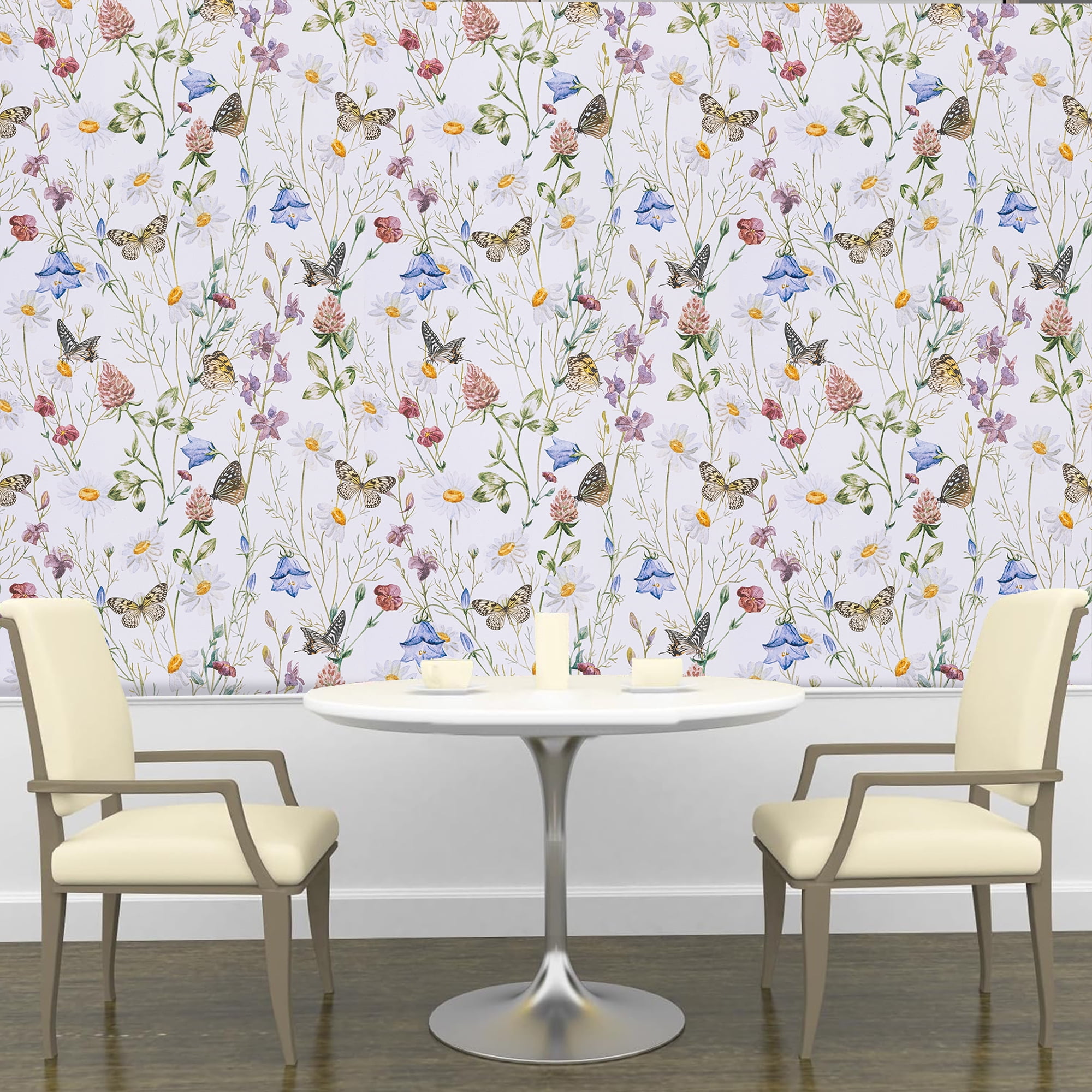 Abyssaly Floral Peel and Stick Wallpaper 17.3" × 393.7",Butterfly and Flower, White Removable Self-Adhesive Vinyl Wall Paper for Home Decor