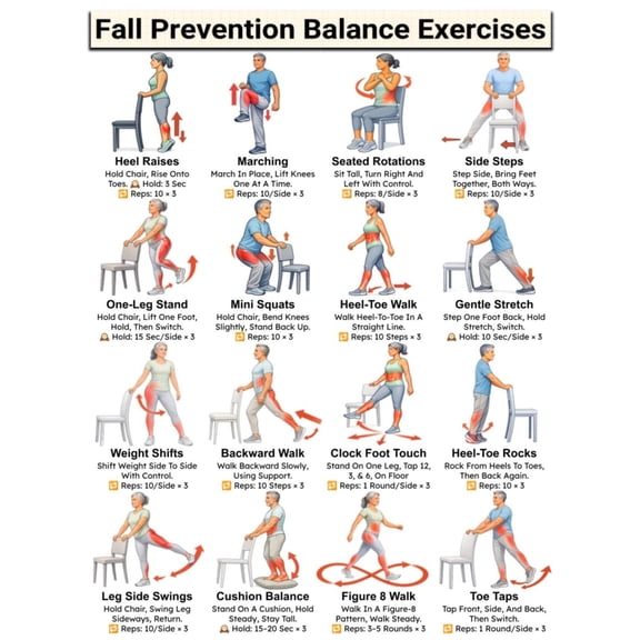 Fall Prevention Balance Exercises For Seniors, Chair & Standing Mobility Training Fitness Chart Elderly Physical Therapy Home Exercise poster