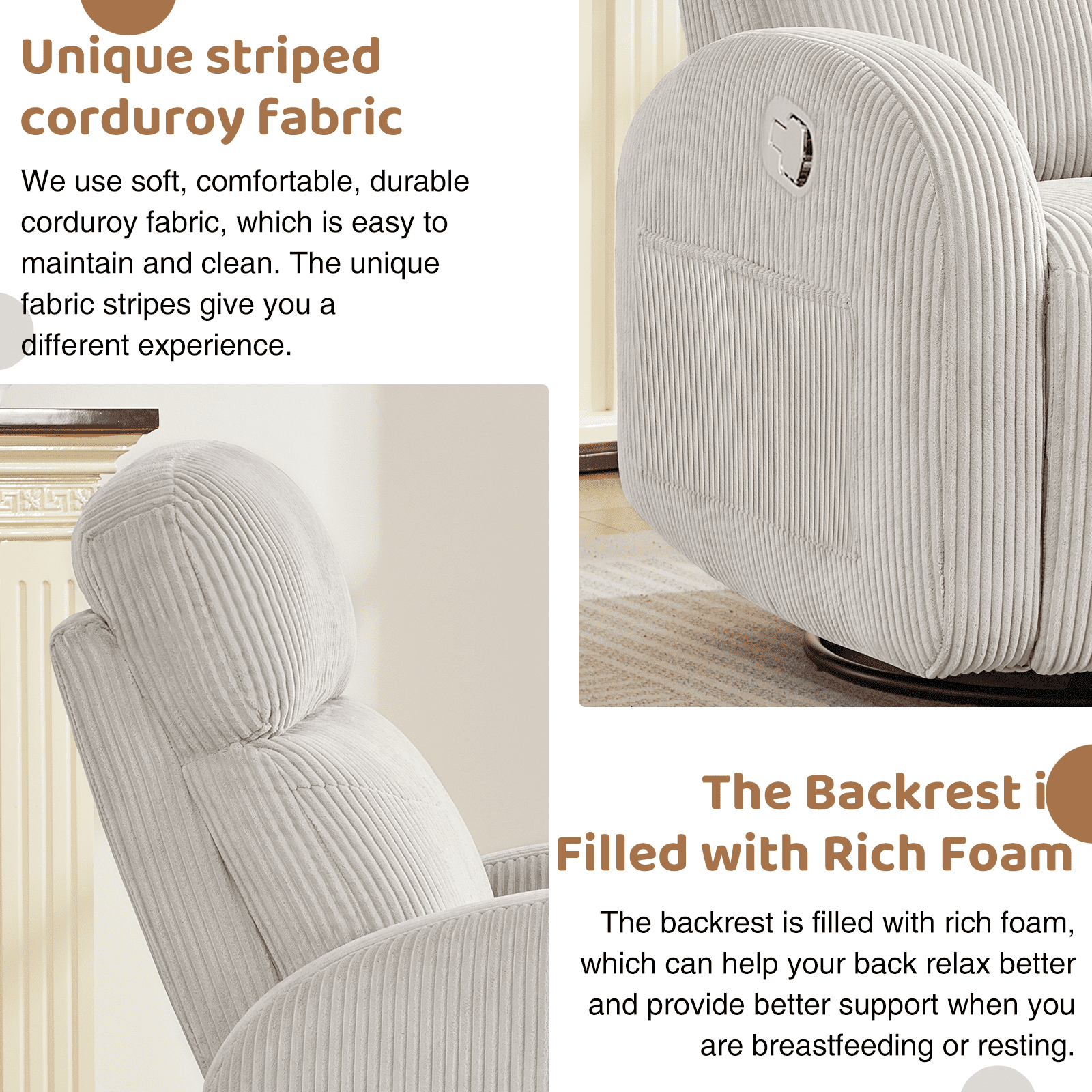 Aemeios Corduroy Swivel Rocker Glider Manual Recliner Nursery Rocking Chair with Double Pockets, Camel