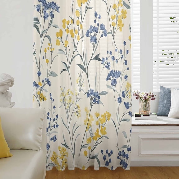 Yellow Blue Flowers Semi Sheer Curtains Drapes for Living Room, Bedroom, French Doors Window 84 Inches Long, Watercolor Botanical Floral Plants Rod Pocket Chiffon Curtain Drapery Voile Drape Panel