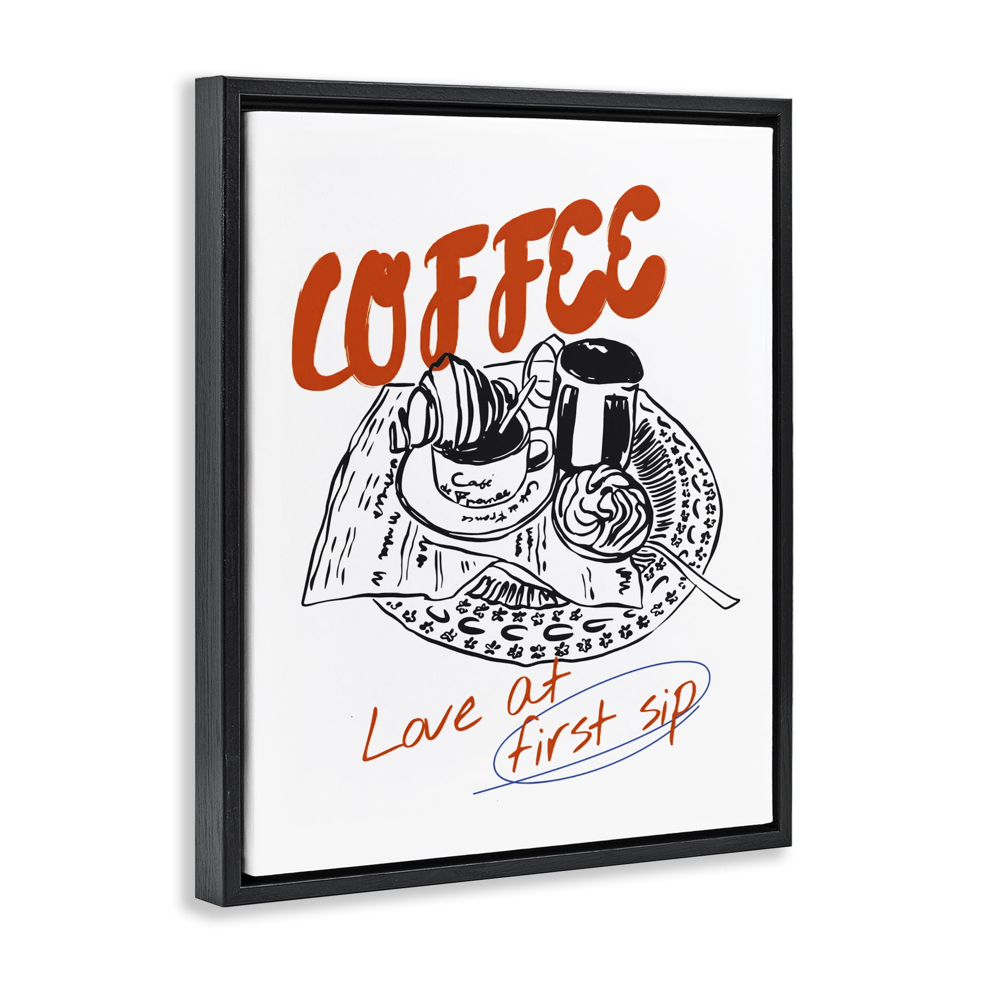 Stupell Industries Coffee Love At First Sip Black Framed Floater Canvas Wall Art, design by The Prints Vibe