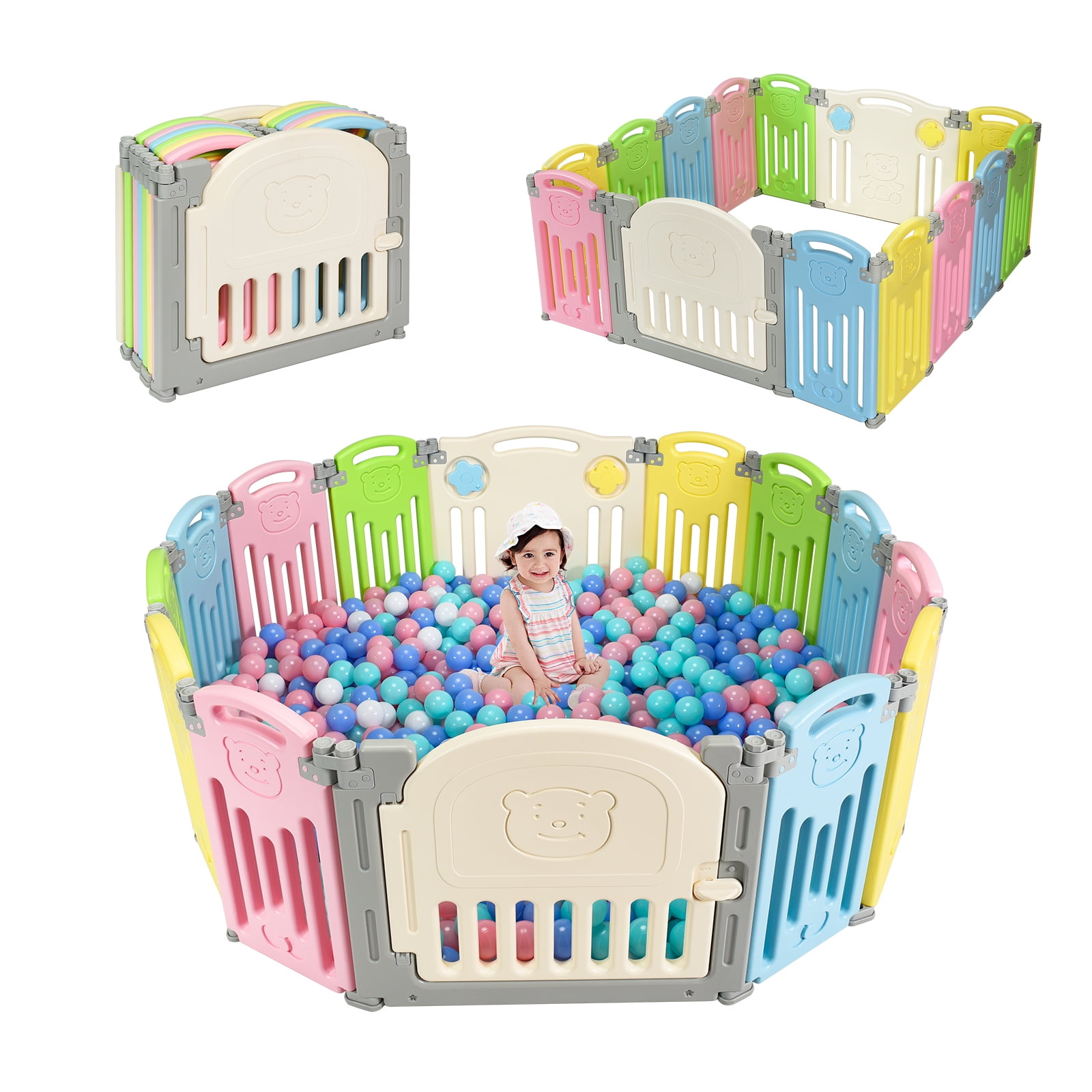Green & Pin Safety Lock Rxakudedo Foldable Baby playpen 12-Panel Kids Safety Activity Center Playard Adjustable Shape BPA-Free w/Non-Slip Foot Mats & Card Buckles HDPE Portable Folding for Home Indoor Outdoor Infant & Toddler Fence 55.1L×41.3W×24.8H