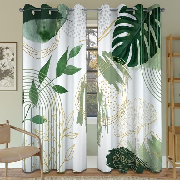 Modern Bohemian Sage Green Leaf Blackout Curtains, Mid Century Modern Minimalist Boho Olive Green Palm Window Drapes For Bedroom Living Room 42"W x 90"L (Pack of 2)