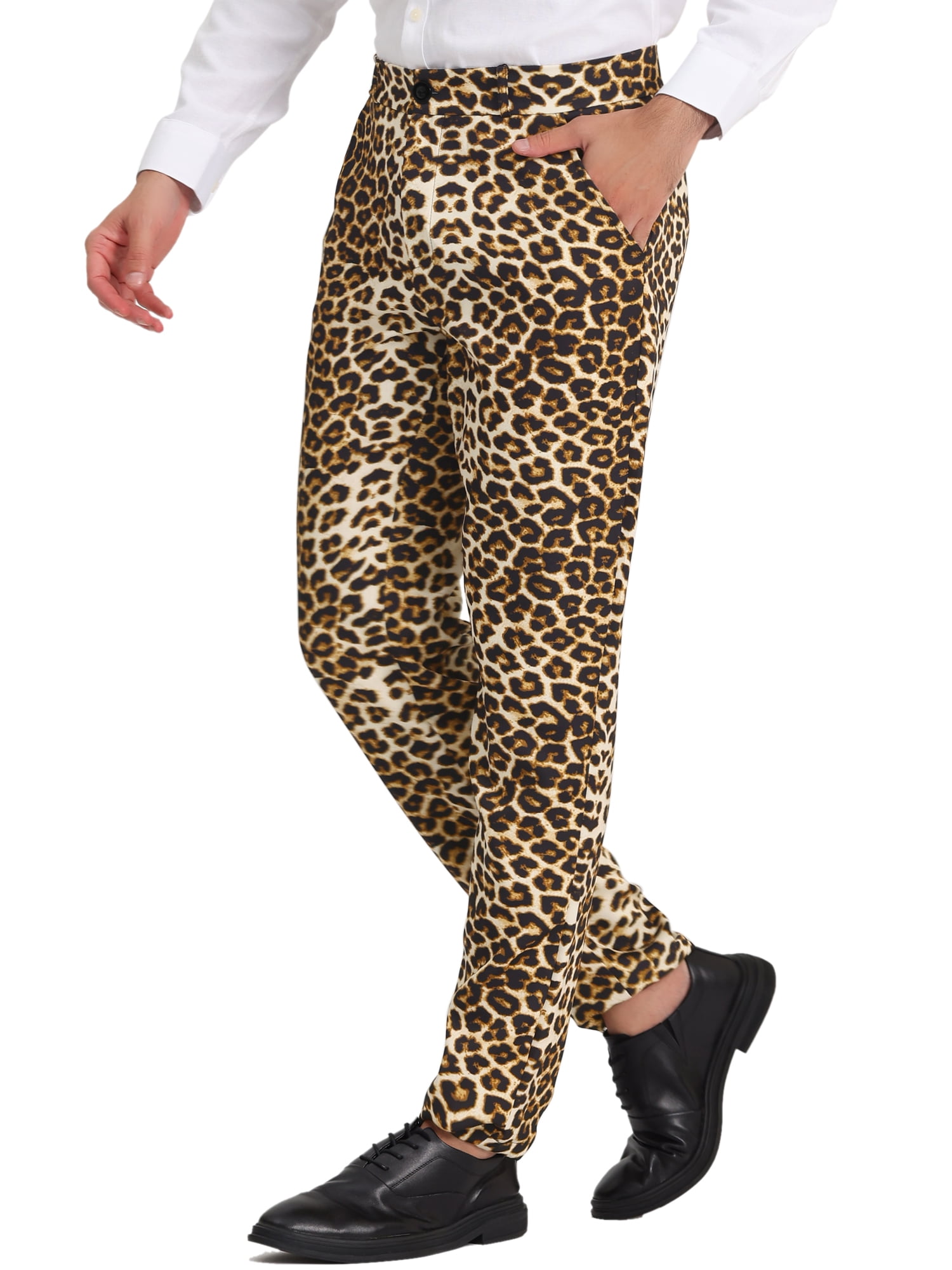 Unique Bargains Men's Animal Printed Flat Front Zipper Closure Party Prom Dress Pants 34 Leopard Print