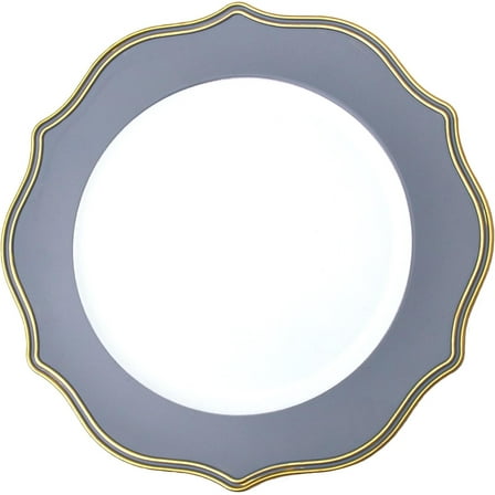 Simply Elegant Scalloped with Gold Trim Plastic Charger Plate | Service Plate for Parties, Dinner, Weddings, Quinceaneras and Events | 13 inch Diameter | Grey | Set of 12