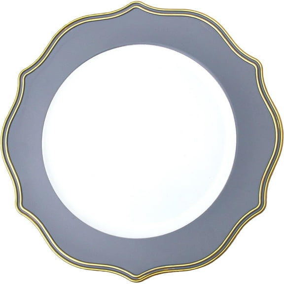 Simply Elegant Scalloped with Gold Trim Plastic Charger Plate | Service Plate for Parties, Dinner, Weddings, Quinceaneras and Events | 13 inch Diameter | Grey | Set of 12