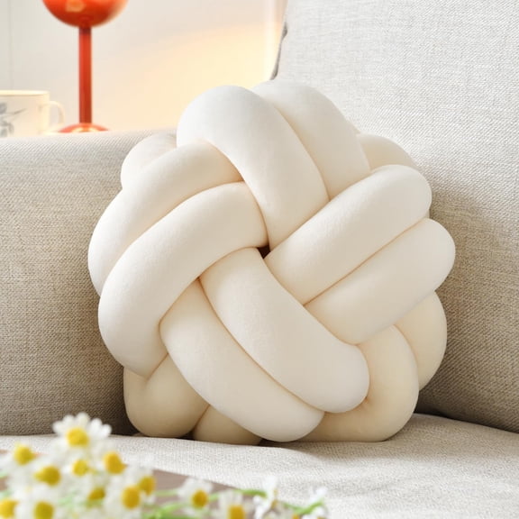 Round Decorative Throw Pillow Cushion Beige Large-11 Inch Soft Plush Knotted Home Decor