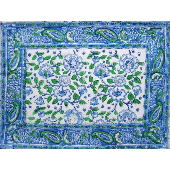 Primitive Floral Hand Block Printed Cotton Table Placemat 20" x 14" Blue