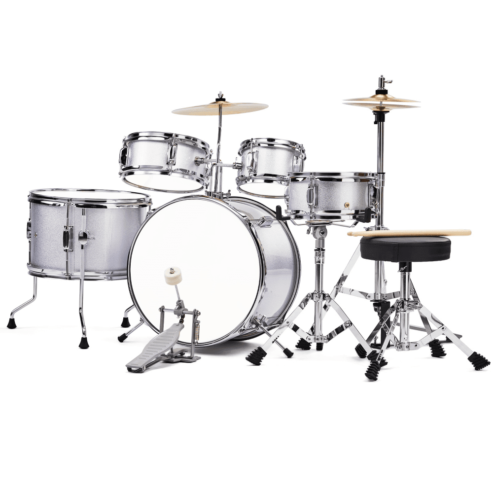 Tcbosik 5-Piece Beginner Drum Set Junior Kit with Bass Drum, Tom Drum, Floor Drum and Snare Drums, Starter Percussion with Stool, Pedal, Cymbal and Sticks, Silver