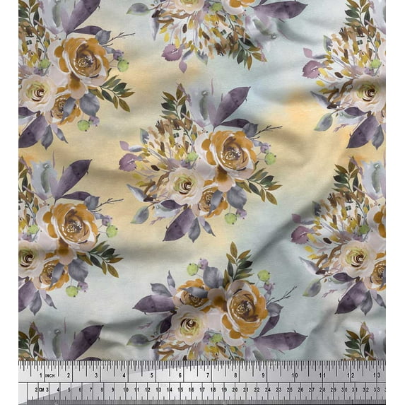 Soimoi Brown Cotton Jersey Fabric Leaves & Alba Rose Floral Printed Craft Fabric by The Yard 64 Inch Wide